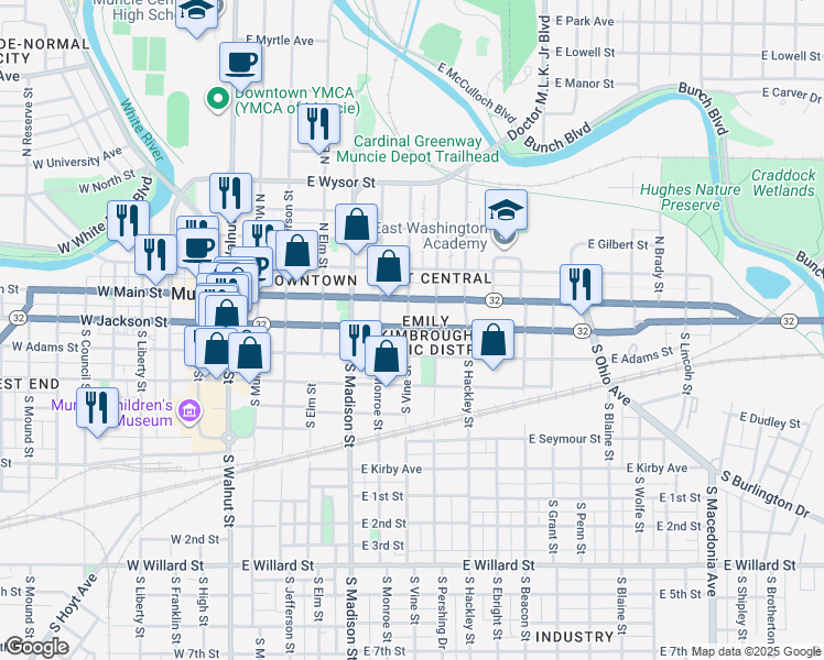 map of restaurants, bars, coffee shops, grocery stores, and more near 619 East Jackson Street in Muncie