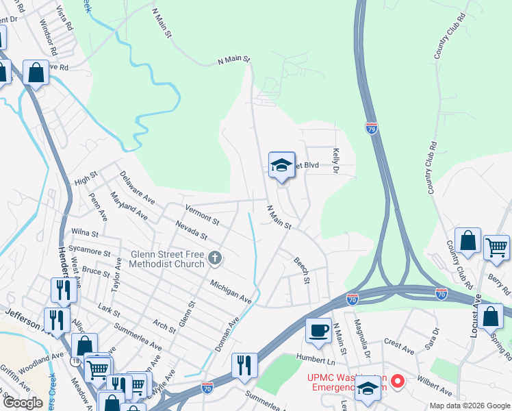 map of restaurants, bars, coffee shops, grocery stores, and more near 1489 North Main Street in Washington