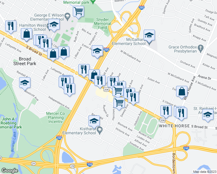 map of restaurants, bars, coffee shops, grocery stores, and more near 2616 South Broad Street in Trenton