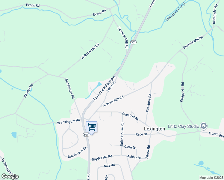 map of restaurants, bars, coffee shops, grocery stores, and more near 67 Loop Road in Lititz
