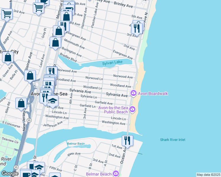 map of restaurants, bars, coffee shops, grocery stores, and more near 122 Sylvania Avenue in Avon-by-the-Sea