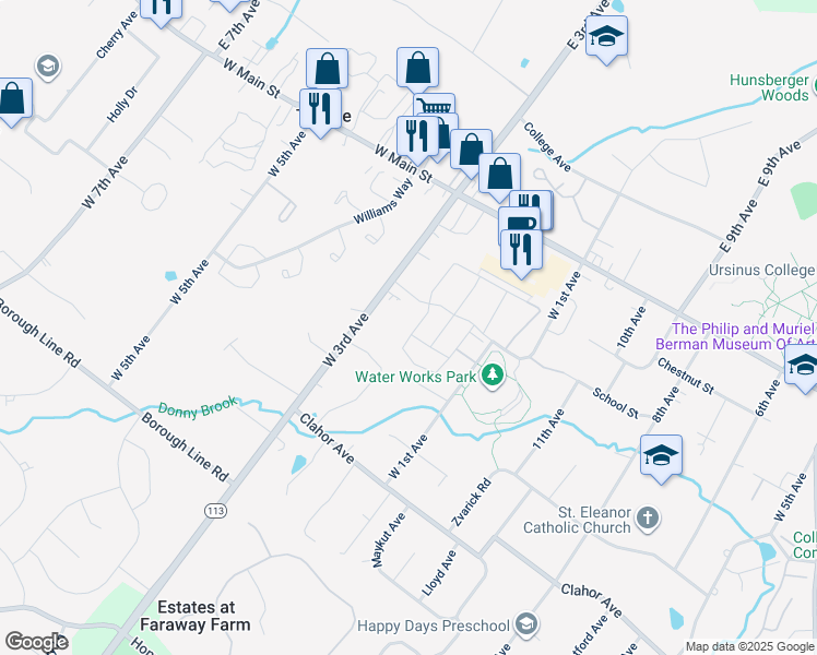 map of restaurants, bars, coffee shops, grocery stores, and more near 162 Royer Drive in Collegeville