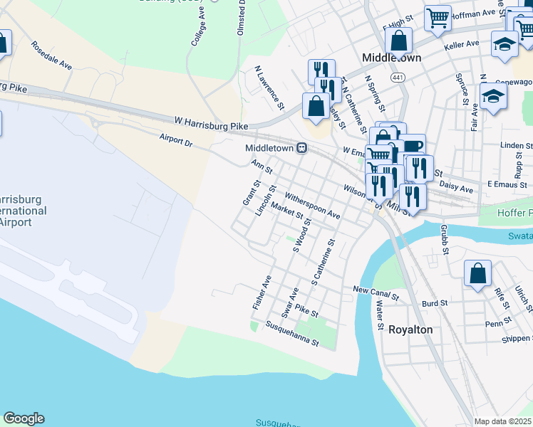 map of restaurants, bars, coffee shops, grocery stores, and more near 320 Market Street in Middletown
