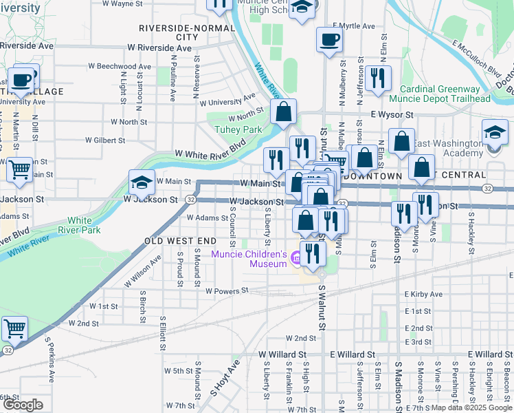 map of restaurants, bars, coffee shops, grocery stores, and more near 415 West Jackson Street in Muncie