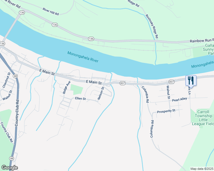map of restaurants, bars, coffee shops, grocery stores, and more near 808 East Main Street in Monongahela