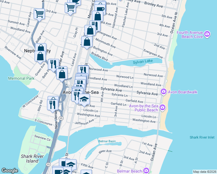 map of restaurants, bars, coffee shops, grocery stores, and more near 330 Sylvania Avenue in Avon-by-the-Sea