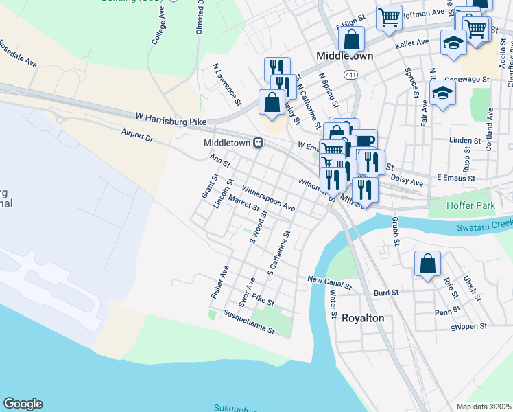 map of restaurants, bars, coffee shops, grocery stores, and more near 223 Market Street in Middletown