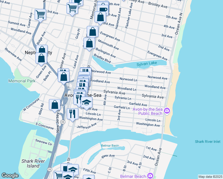 map of restaurants, bars, coffee shops, grocery stores, and more near 330 Sylvania Avenue in Avon-by-the-Sea