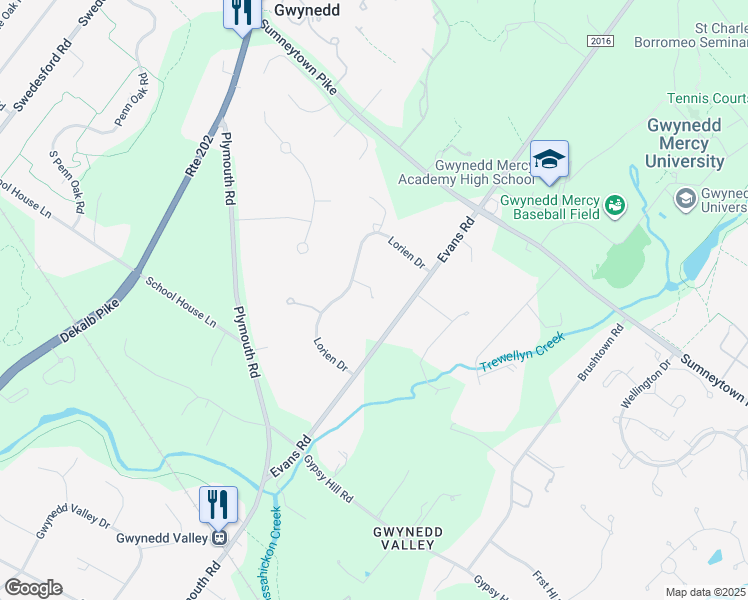 map of restaurants, bars, coffee shops, grocery stores, and more near 930 Lorien Drive in Gwynedd Valley