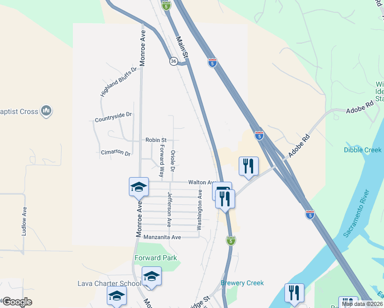 map of restaurants, bars, coffee shops, grocery stores, and more near 245 Walton Avenue in Red Bluff