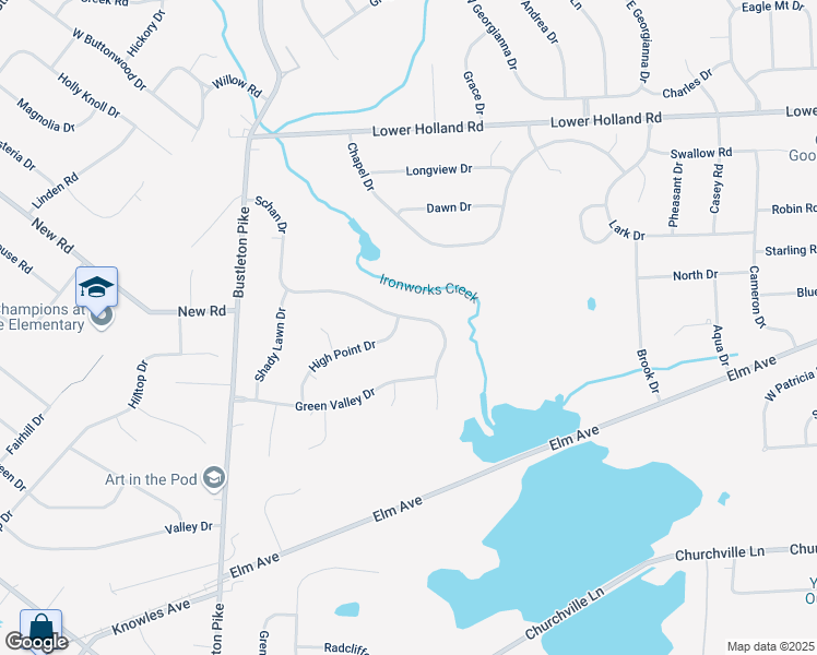 map of restaurants, bars, coffee shops, grocery stores, and more near 115 High Point Drive in Churchville
