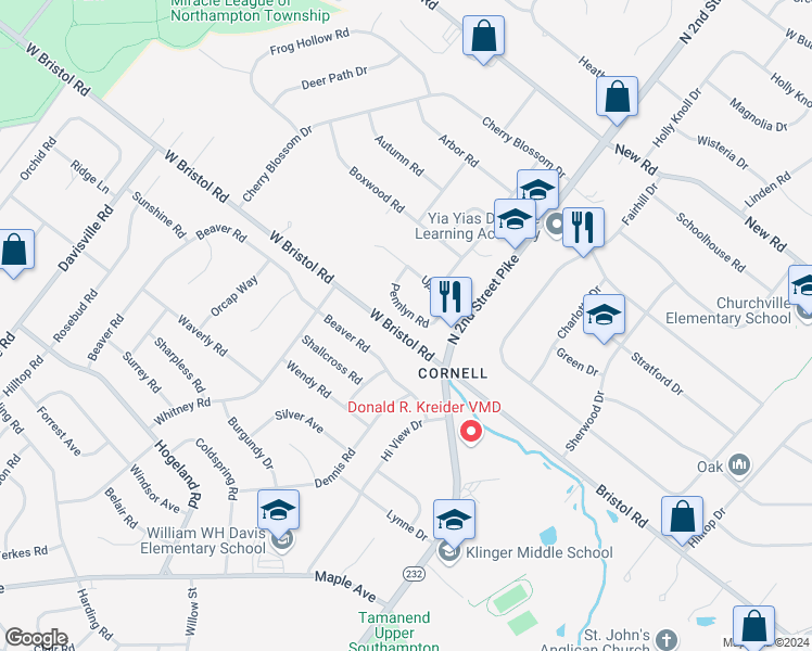 map of restaurants, bars, coffee shops, grocery stores, and more near 480 West Bristol Road in Southampton