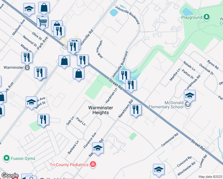 map of restaurants, bars, coffee shops, grocery stores, and more near 496 Hardman Lane in Warminster