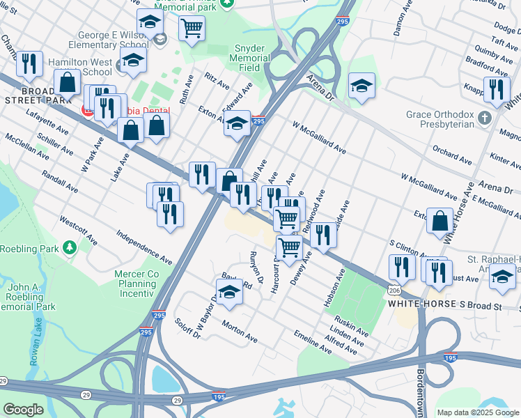 map of restaurants, bars, coffee shops, grocery stores, and more near 2600 South Broad Street in Trenton