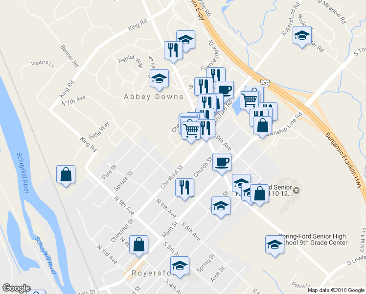 map of restaurants, bars, coffee shops, grocery stores, and more near 806 Oak Street in Royersford