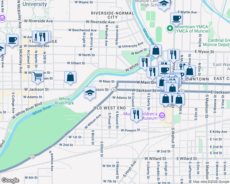 map of restaurants, bars, coffee shops, grocery stores, and more near 801 West Jackson Street in Muncie