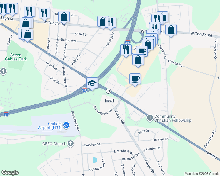 map of restaurants, bars, coffee shops, grocery stores, and more near 317 York Road in Carlisle