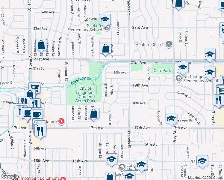 map of restaurants, bars, coffee shops, grocery stores, and more near 1845 Sumner Street in Longmont