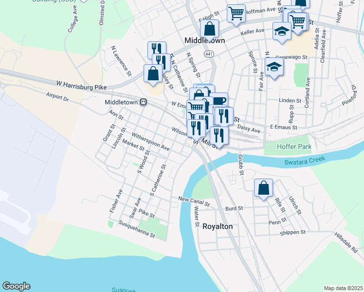 map of restaurants, bars, coffee shops, grocery stores, and more near 4 Ann Street in Middletown