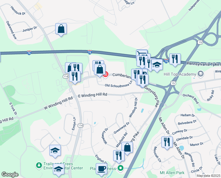 map of restaurants, bars, coffee shops, grocery stores, and more near 152 Old Schoolhouse Lane in Mechanicsburg