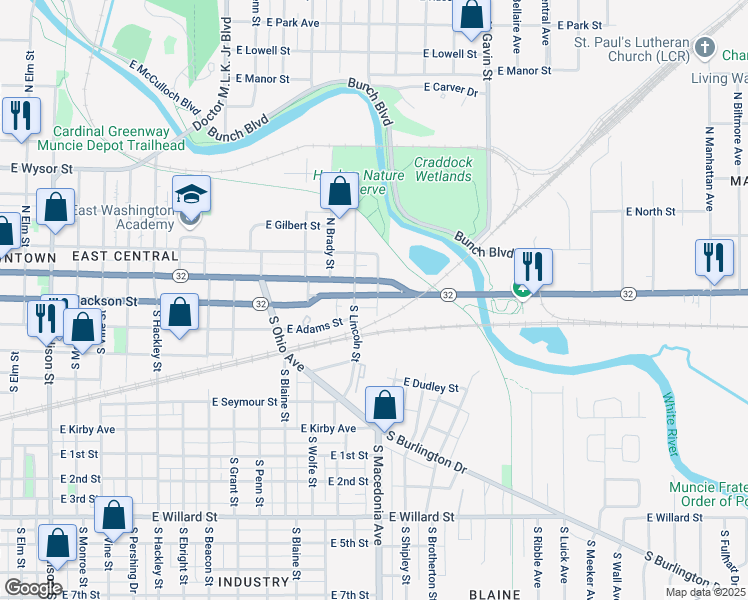 map of restaurants, bars, coffee shops, grocery stores, and more near 215 South Macedonia Avenue in Muncie