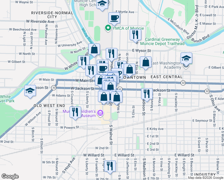 map of restaurants, bars, coffee shops, grocery stores, and more near 208 South Walnut Street in Muncie
