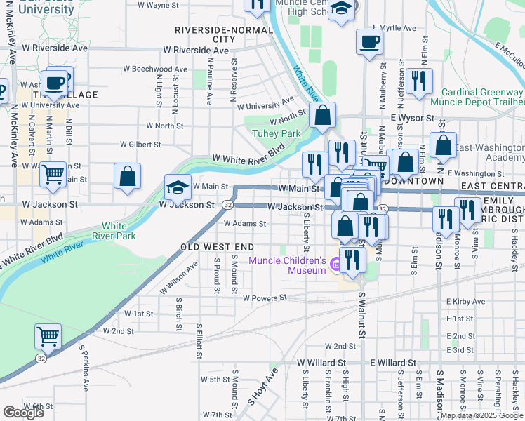 map of restaurants, bars, coffee shops, grocery stores, and more near 522 West Adams Street in Muncie