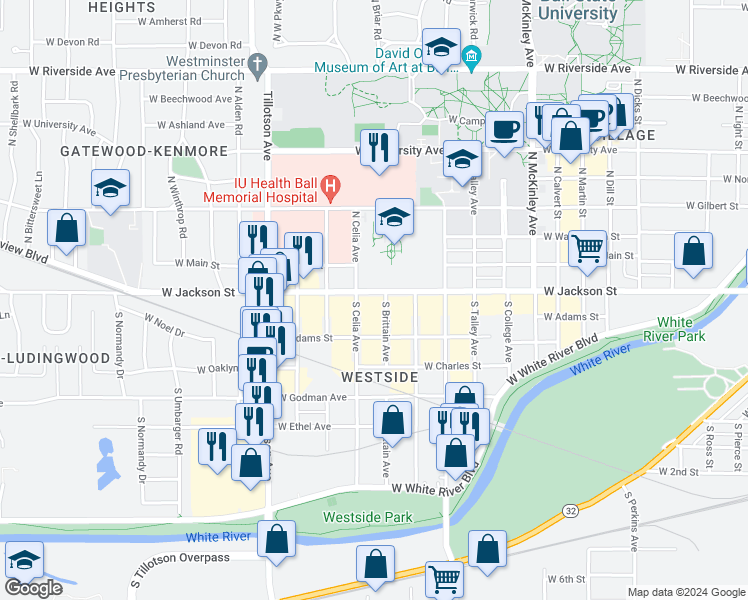 map of restaurants, bars, coffee shops, grocery stores, and more near 209 South Brittain Avenue in Muncie