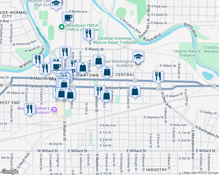map of restaurants, bars, coffee shops, grocery stores, and more near 619 East Jackson Street in Muncie