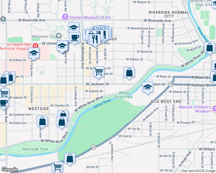 map of restaurants, bars, coffee shops, grocery stores, and more near 1515 West Jackson Street in Muncie