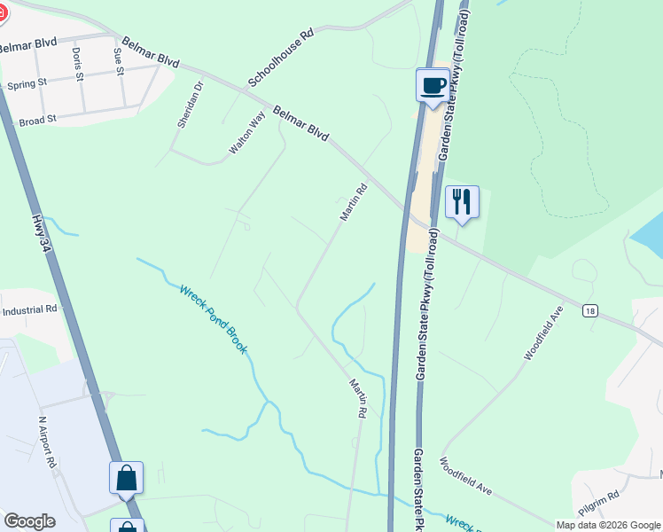 map of restaurants, bars, coffee shops, grocery stores, and more near 1620 Martin Road in Wall Township