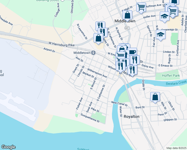 map of restaurants, bars, coffee shops, grocery stores, and more near 223 Market Street in Middletown