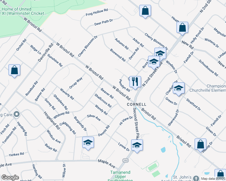 map of restaurants, bars, coffee shops, grocery stores, and more near 448 West Bristol Road in Bucks County