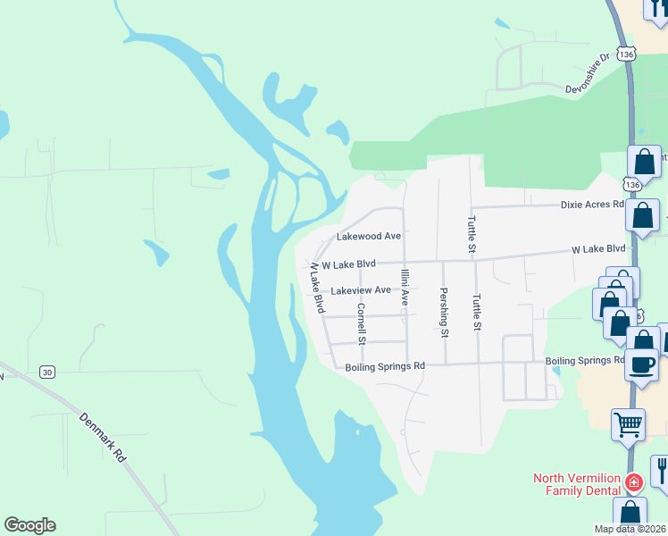 map of restaurants, bars, coffee shops, grocery stores, and more near 428 West Lake Boulevard in Danville