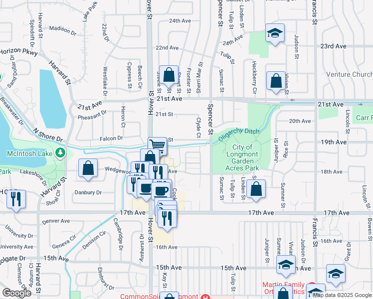 map of restaurants, bars, coffee shops, grocery stores, and more near 1856 Trevor Circle in Longmont