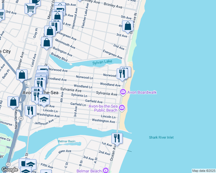 map of restaurants, bars, coffee shops, grocery stores, and more near 518 1st Avenue in Avon-by-the-Sea