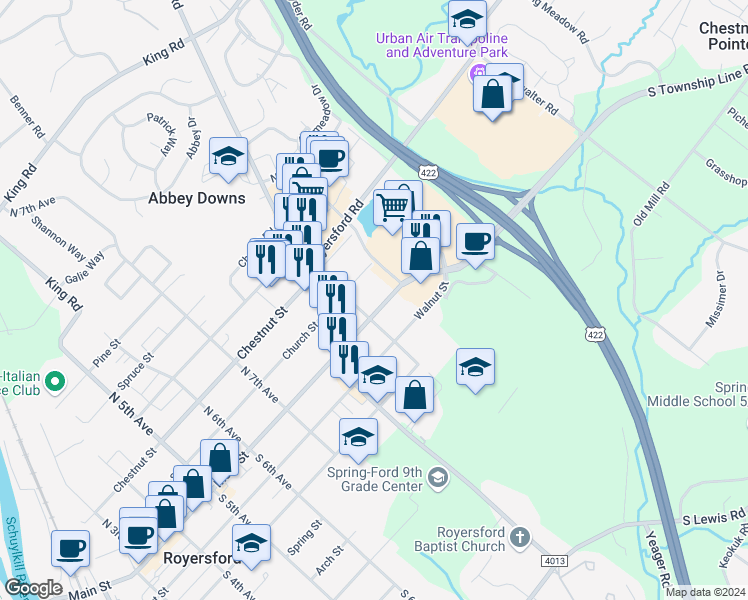 map of restaurants, bars, coffee shops, grocery stores, and more near 921 Main Street in Royersford