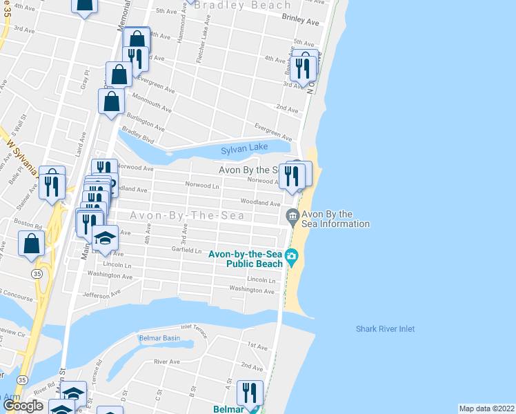 map of restaurants, bars, coffee shops, grocery stores, and more near 518 1st Avenue in Avon-by-the-Sea