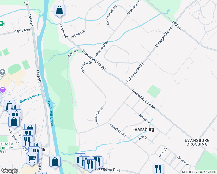 map of restaurants, bars, coffee shops, grocery stores, and more near 4024 Township Line Road in Collegeville