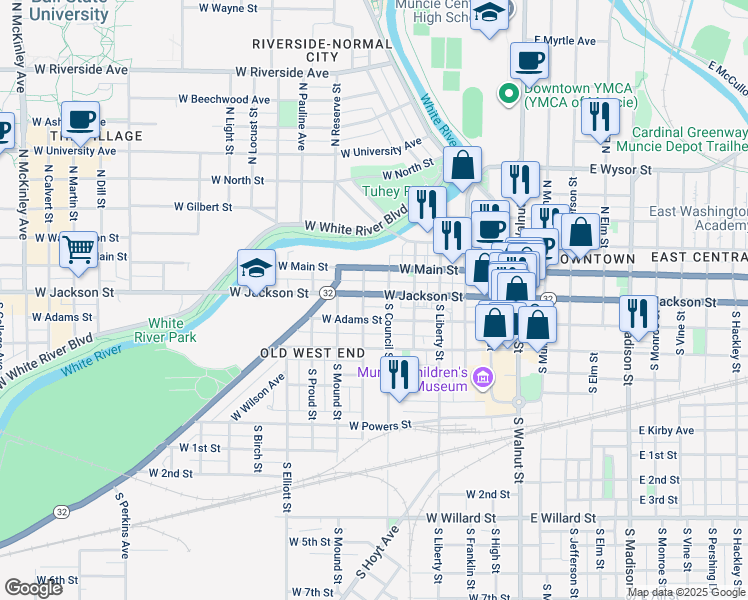 map of restaurants, bars, coffee shops, grocery stores, and more near 613 West Jackson Street in Muncie