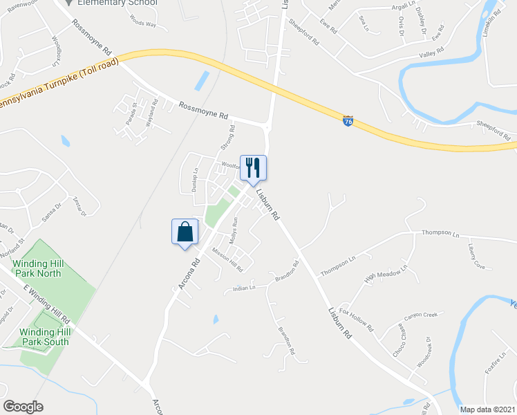 map of restaurants, bars, coffee shops, grocery stores, and more near Benton Way in Mechanicsburg
