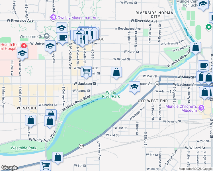map of restaurants, bars, coffee shops, grocery stores, and more near 1405 1/2 West Jackson Street in Muncie