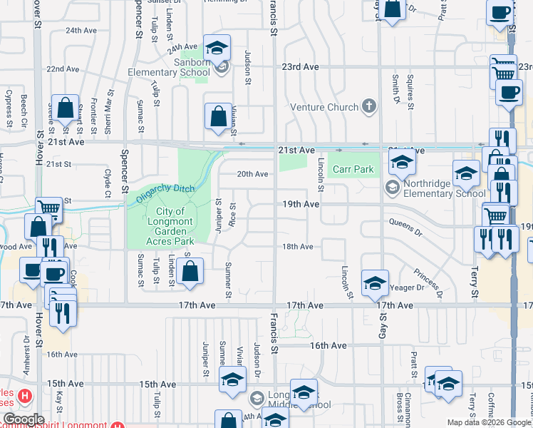 map of restaurants, bars, coffee shops, grocery stores, and more near 1603 Ervine Avenue in Longmont