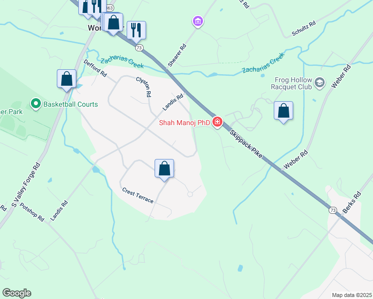 map of restaurants, bars, coffee shops, grocery stores, and more near 2851 Defford Road in Norristown