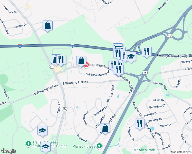 map of restaurants, bars, coffee shops, grocery stores, and more near 174 Old Schoolhouse Lane in Mechanicsburg