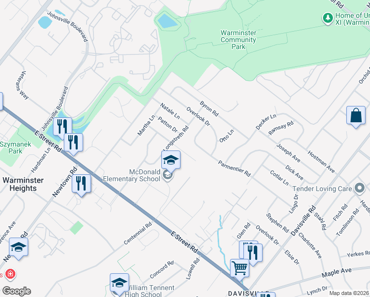 map of restaurants, bars, coffee shops, grocery stores, and more near 513 McGlynn Road in Warminster
