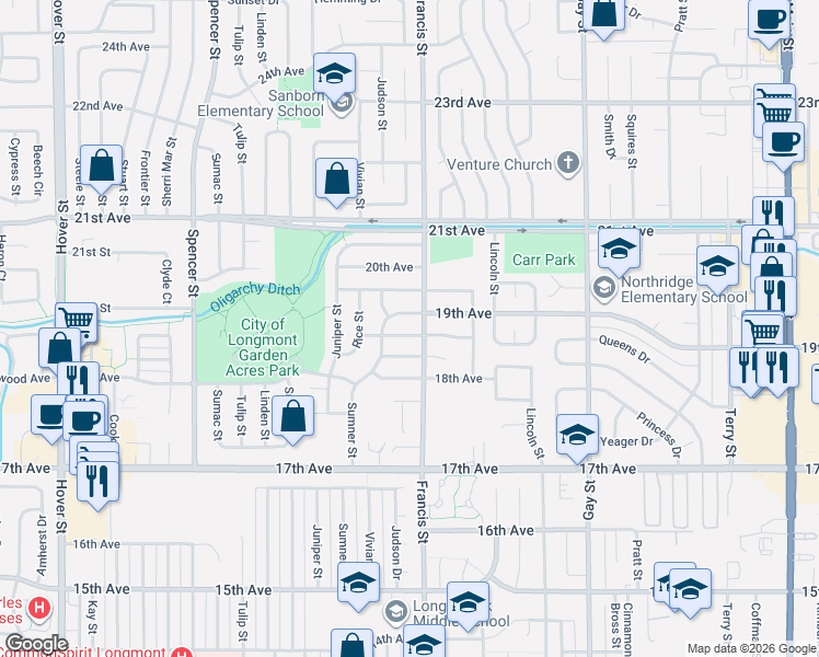 map of restaurants, bars, coffee shops, grocery stores, and more near 1603 Ervine Avenue in Longmont