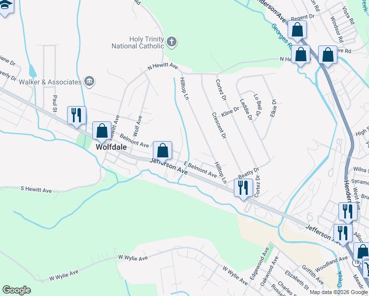 map of restaurants, bars, coffee shops, grocery stores, and more near 116 Melody Lane in Washington