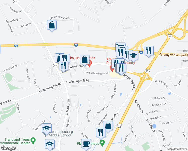 map of restaurants, bars, coffee shops, grocery stores, and more near 152 Old Schoolhouse Lane in Mechanicsburg
