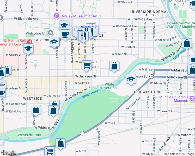 map of restaurants, bars, coffee shops, grocery stores, and more near 1507 West Jackson Street in Muncie